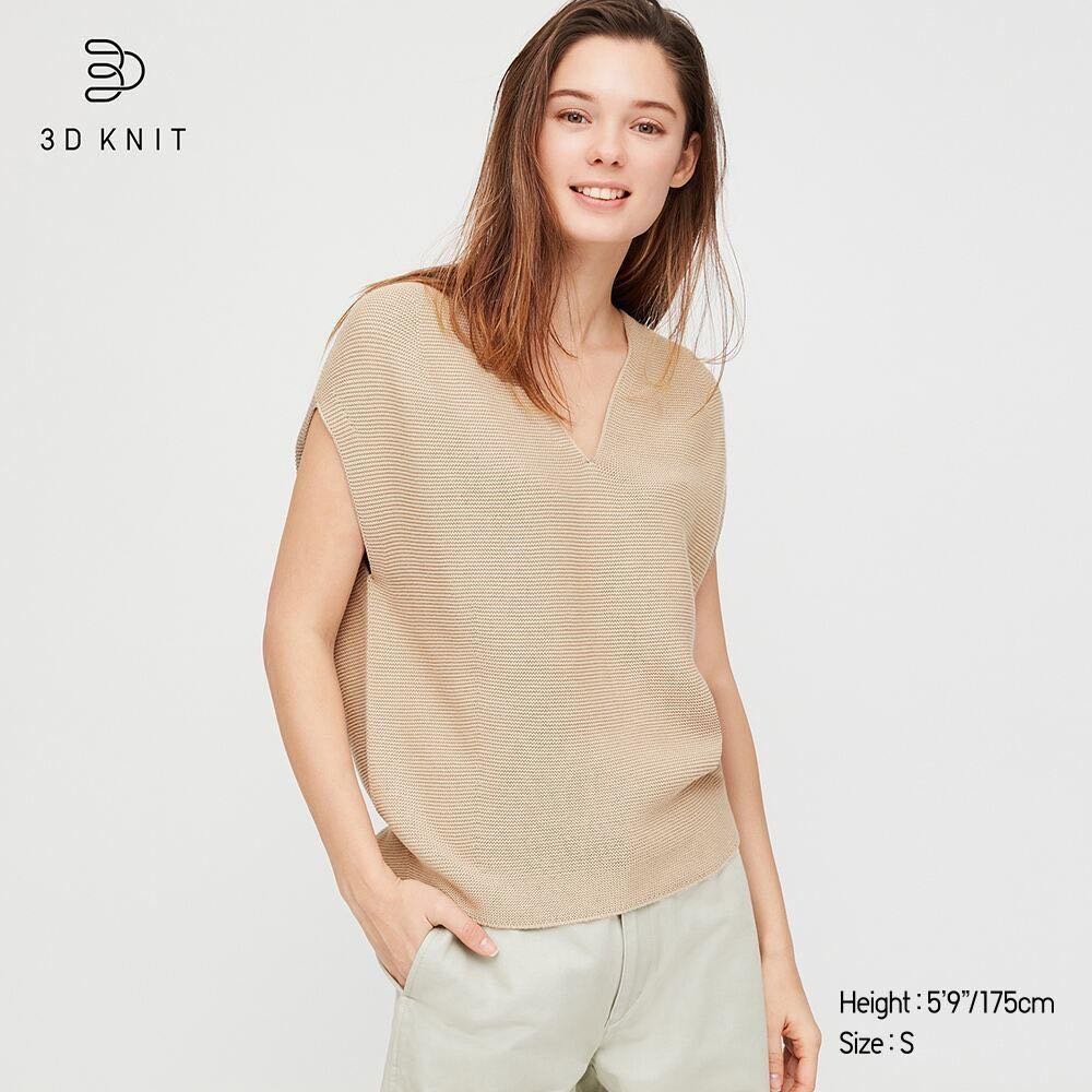 Uniqlo Beige 3D Knit Top V-neck Cocoon French Sleeve Sweater