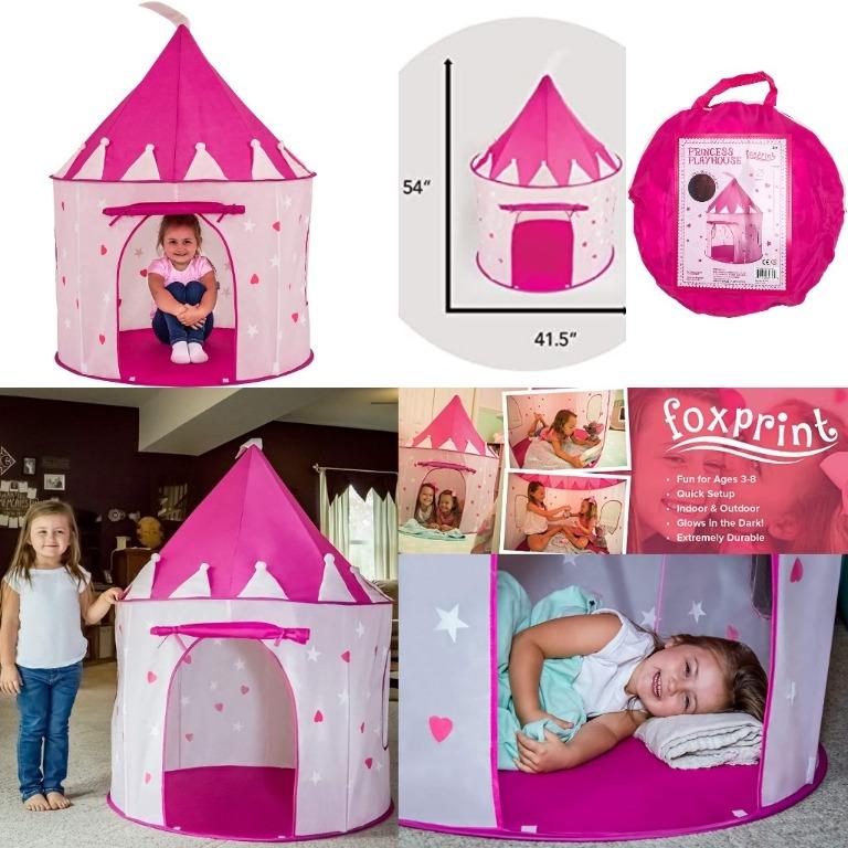 1PC Pink Play House Tent Girls Princess Play Tent Kids Pink Easy Pop Up Foldable Playhouse w/Glow in The Dark Stars Indoor & Outdoor Use Toddler Pretend Tents Play w/Zipper Storage Case 