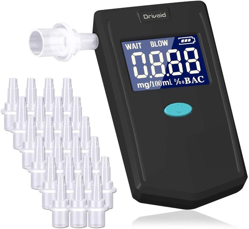 Drivaid Alcohol Tester，Rechargeable Semiconductor alcohol Breathalyzer，Digital LED Display and Alarm Sound，a hand-held Digital Alcohol Breath Analyzer with 12 Mouthpieces 