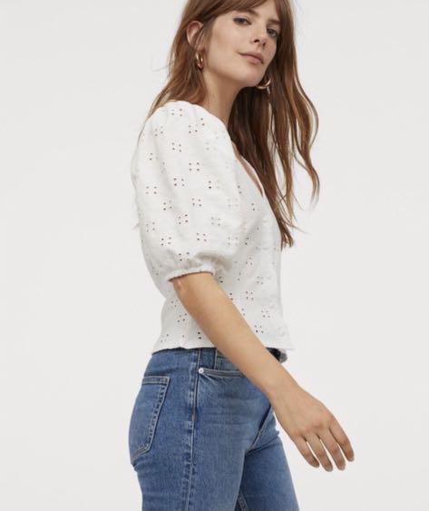 H M nude eyelet puff sleeved top Women s Fashion Tops Blouses
