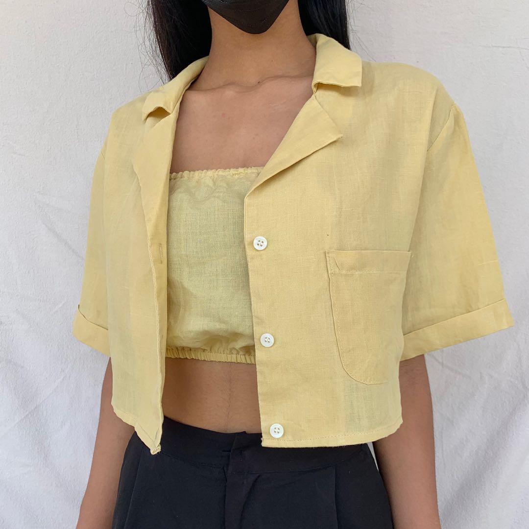 pastel yellow linen polo crop top set, cropped button down, Women's  Fashion, Tops, Others Tops on Carousell