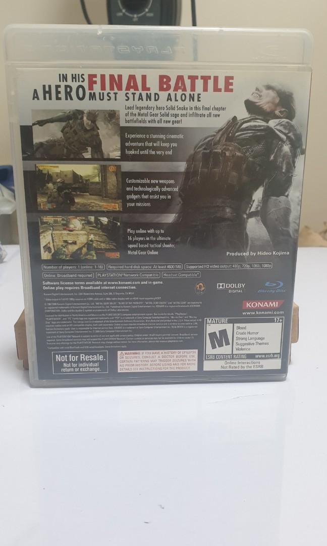 Metal Gear Solid 4 (Sony ps3) (Category: PlayStation) located in Quezon City. Submitted by itemsforadoption (Listing ID 1087530289, Image 2). Description: Rfs: Its still quarantine and I'm decluttering a lot of my purchases. Been impulse buying a lot. In a way I'm buying and selling Step into the sneaking shoes of Snake once more. Game is in good condition and comes with manual Ps: I have over 100+ listings, if you're interested just check my pro