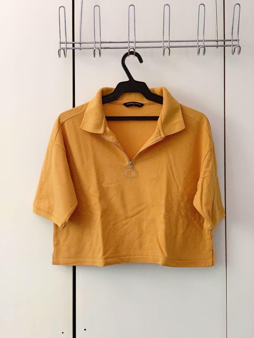 Penshoppe yellow zip-up crop top (Category: Shirts) located in Pasig City. Submitted by starchilds (Listing ID 1087595494, Image 1). Description: - condition: 10/10 - 70s look .
