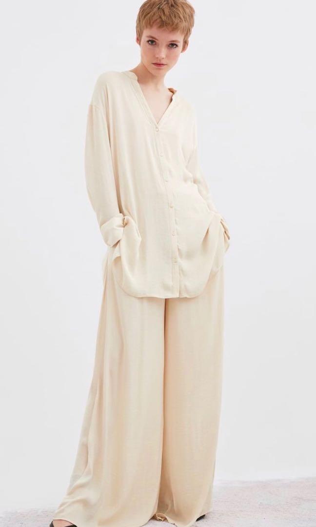 Zara Nude Satin Oversized Tunic Shirt 
