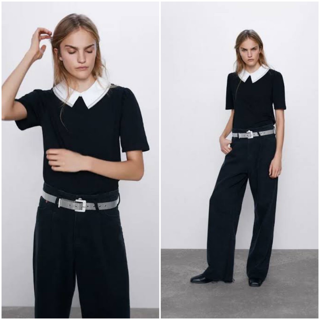 Zara White Collared T-shirt, Fesyen 
