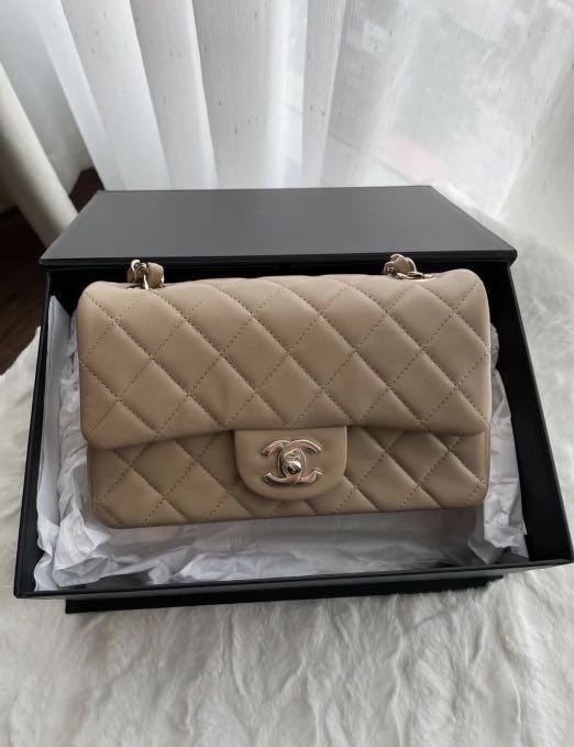 Chanel Mini Rectangular Dark Beige Lambskin, Luxury, Bags & Wallets on  Carousell