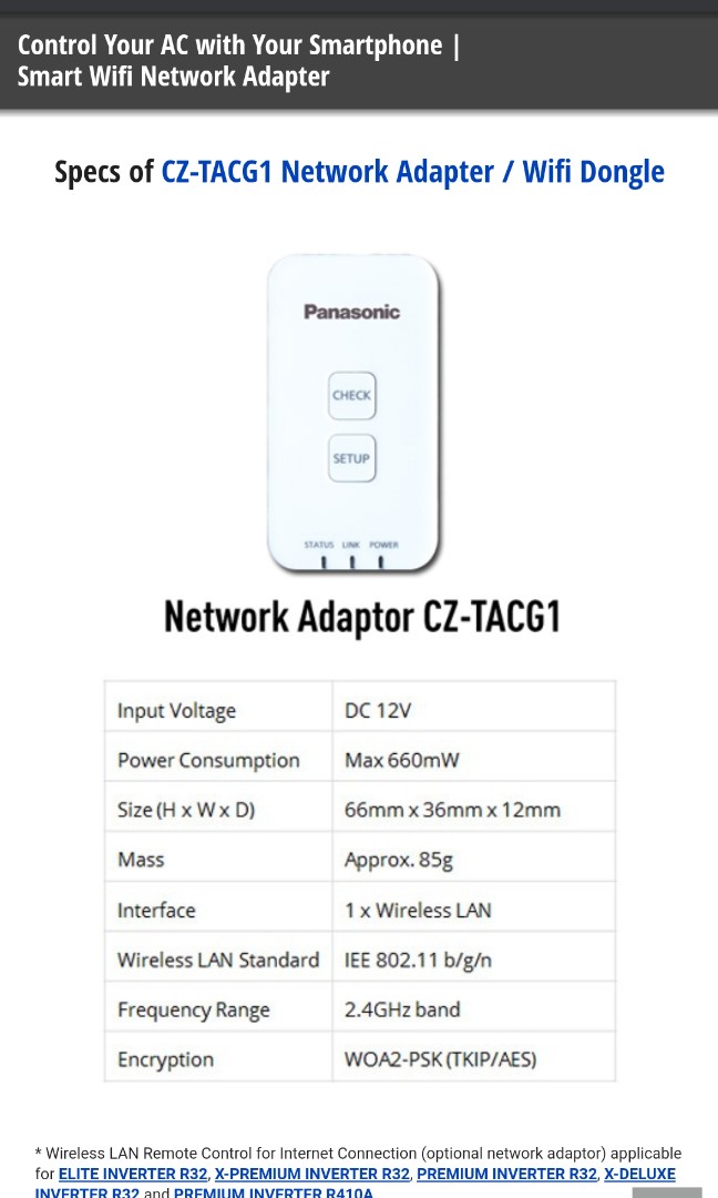 Panasonic Smart Wifi Control Network Adaptor (CZTACG1) FREE SHIPPING