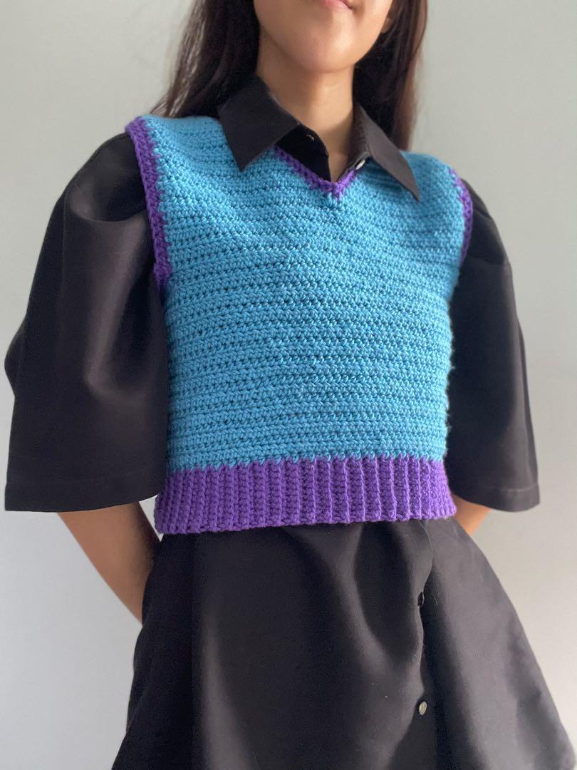 purple and blue crocheted sweater vest 