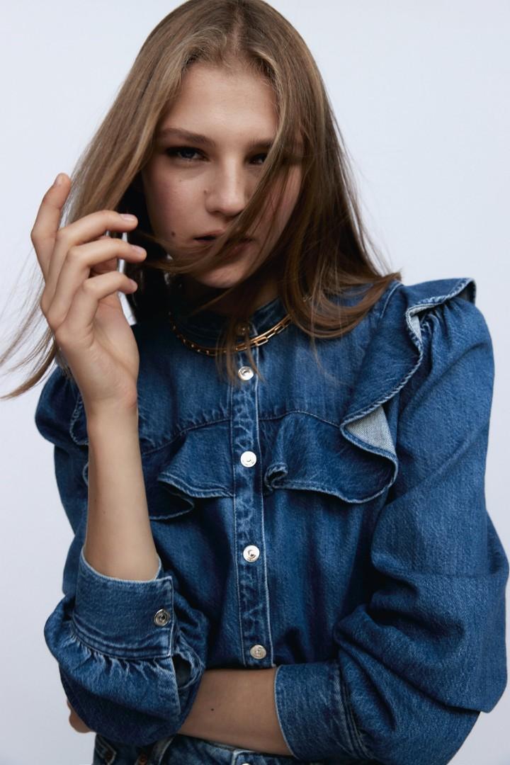 Zara Ruffle Denim Shirt, Fesyen Wanita 