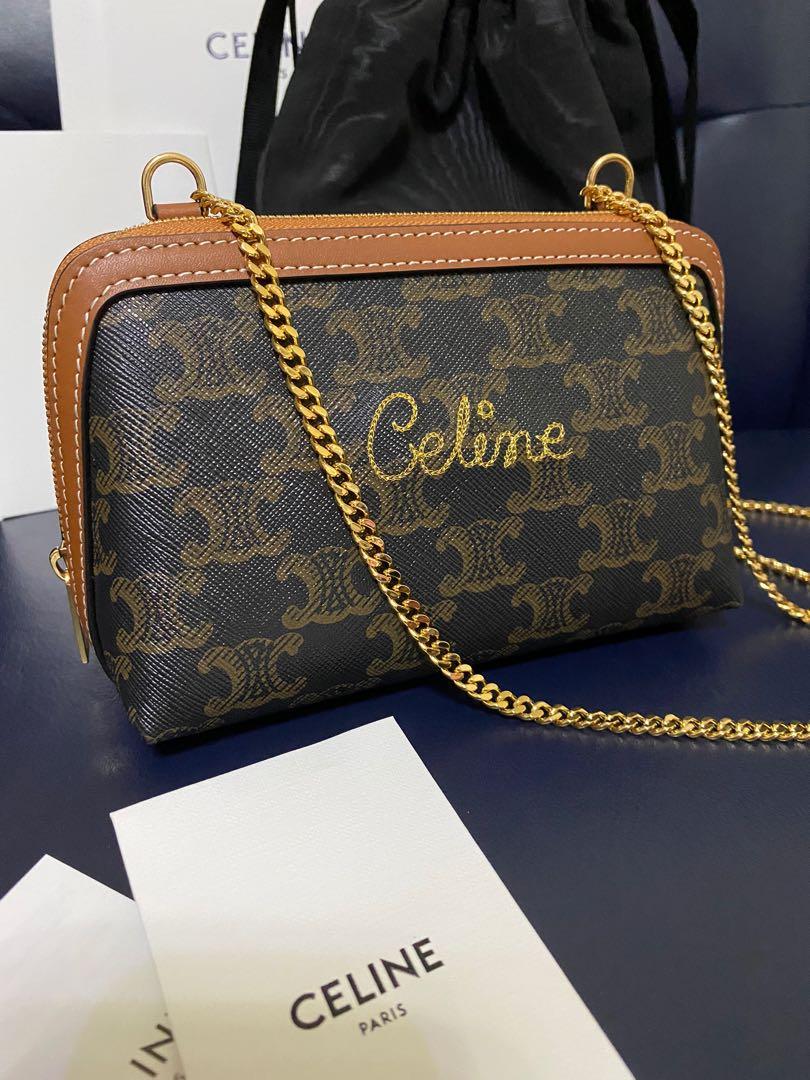 Clutch with chain in sales triomphe canvas with embroidered celine