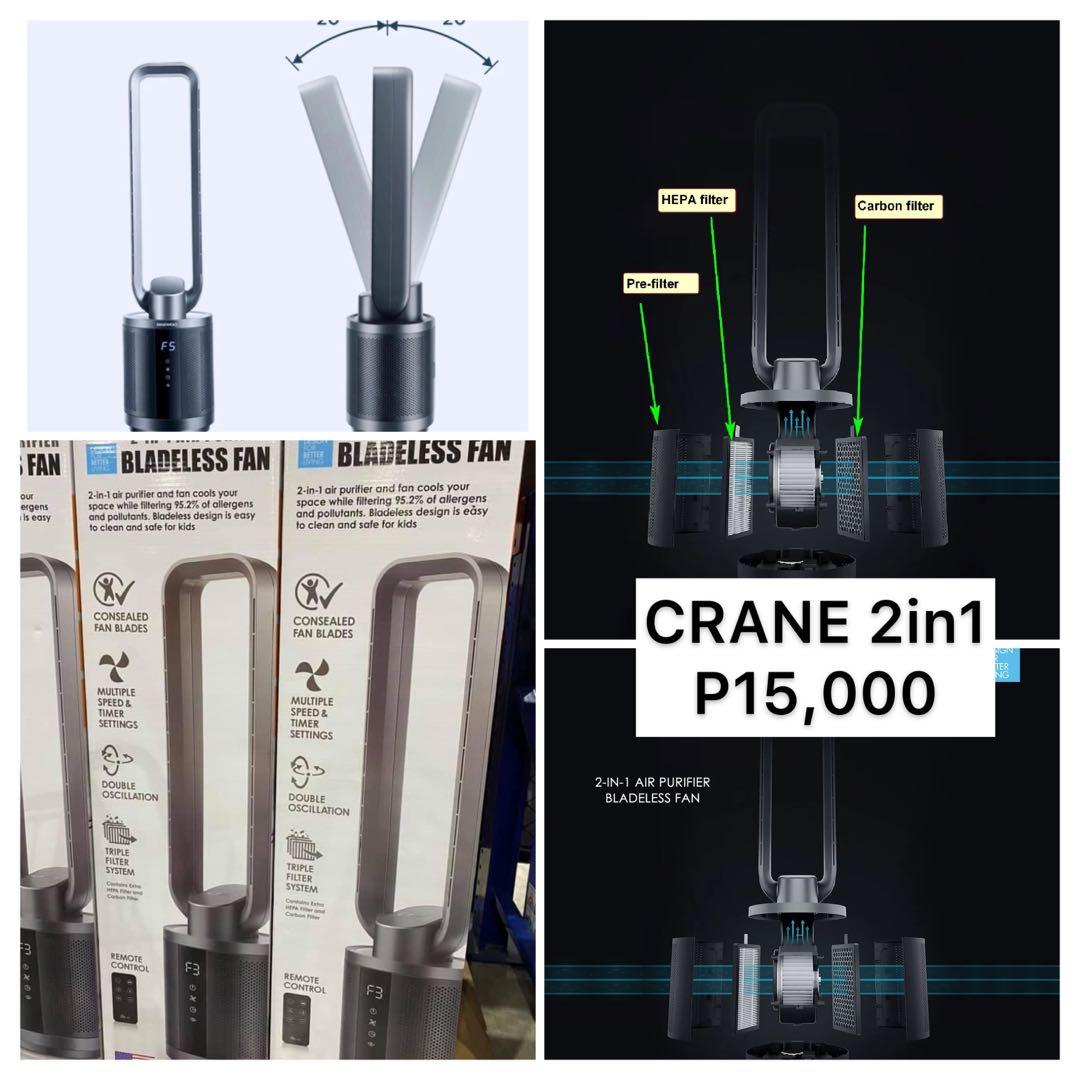 CRANE 2IN1 AIR PURIFIER BLADELESS FAN (Category: Fans) located in Manila. Submitted by jm_blgr (Listing ID 1087892098, Image 1). Description: PHP 15,000.00 CRANE 2in1 AIR PURIFIER BLADELESS FAN (great alternative to Dyson Fan) 2-in-1 Air Purifier and Bladeless Fan cool your space while filtering 99.97% of allergens and pollutants. Bladeless design is easy to clean and safe for kids. (1) TRIPLE FILTER PROTECTION – Includes a pre-filter true HEPA f