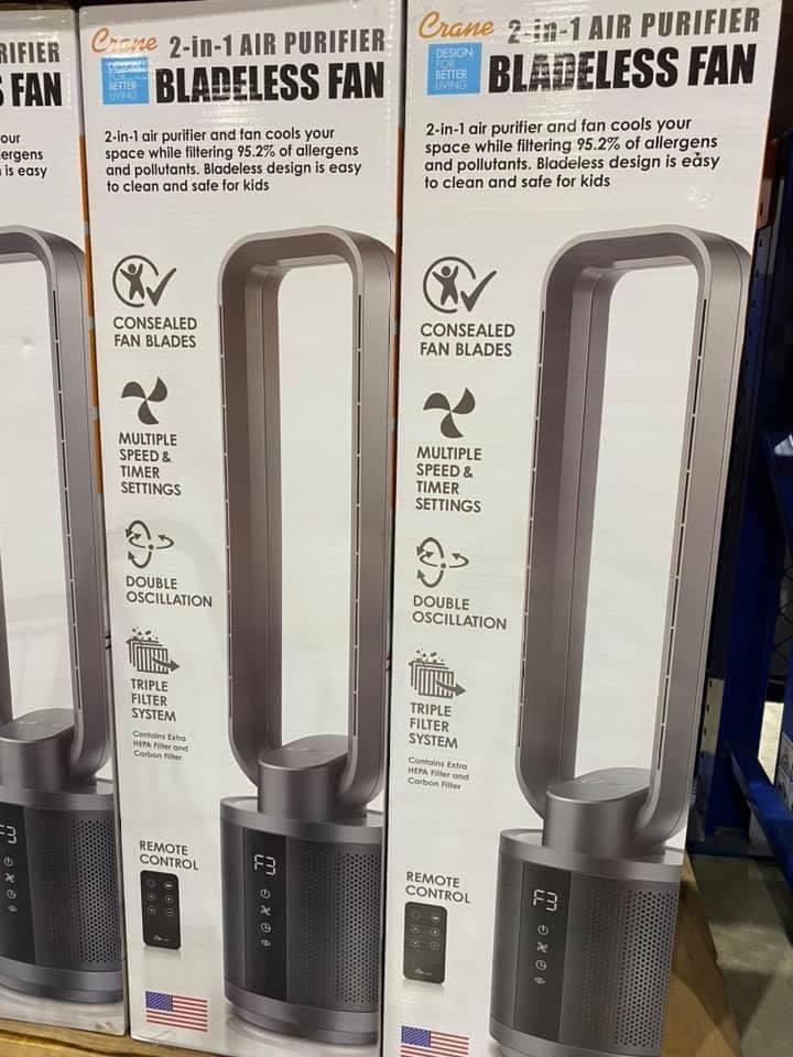 CRANE 2IN1 AIR PURIFIER BLADELESS FAN (Category: Fans) located in Manila. Submitted by jm_blgr (Listing ID 1087892098, Image 2). Description: PHP 15,000.00 CRANE 2in1 AIR PURIFIER BLADELESS FAN (great alternative to Dyson Fan) 2-in-1 Air Purifier and Bladeless Fan cool your space while filtering 99.97% of allergens and pollutants. Bladeless design is easy to clean and safe for kids. (1) TRIPLE FILTER PROTECTION – Includes a pre-filter true HEPA f