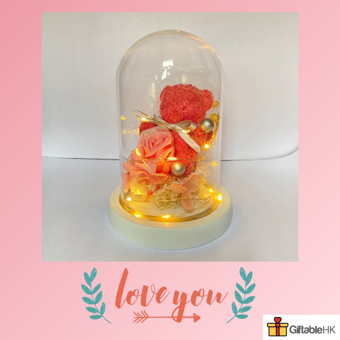 粉紅色 玫瑰熊熊花led燈永生花玻璃擺設 女朋友 禮物 手作 自家設計 手作產品 飾物 Carousell