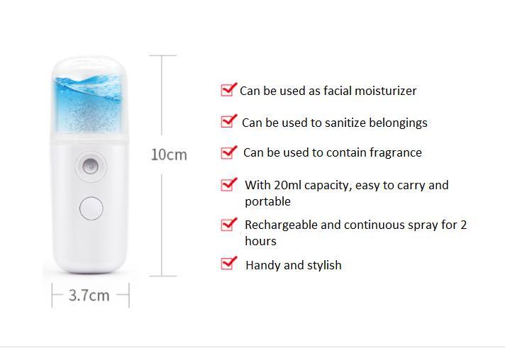 nano spray for misting (Category: Sanitary Hygiene) located in Marikina City. Submitted by alexq21 (Listing ID 1087870915, Image 3). Description: This nano spray can be used for misting your face during summer season but you can use this for misting your area with alcohol before sitting down or touching any object for safety! Available in green, yellow, white.