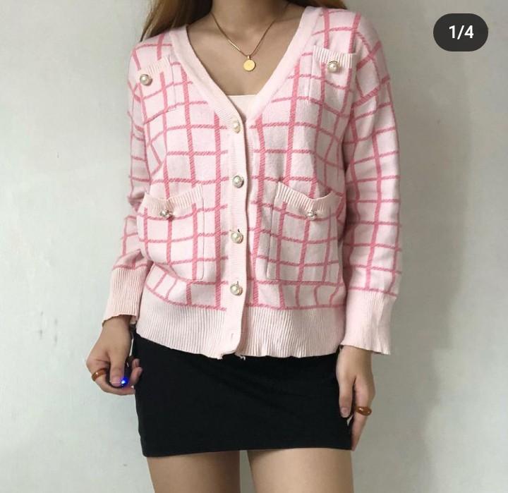 Pink plaid cardigan online