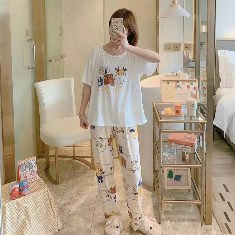 春夏季睡衣女短袖長褲床上小動物印花可愛一整套裝休閑韓版家居服 女裝 女裝上衣 外套 Carousell