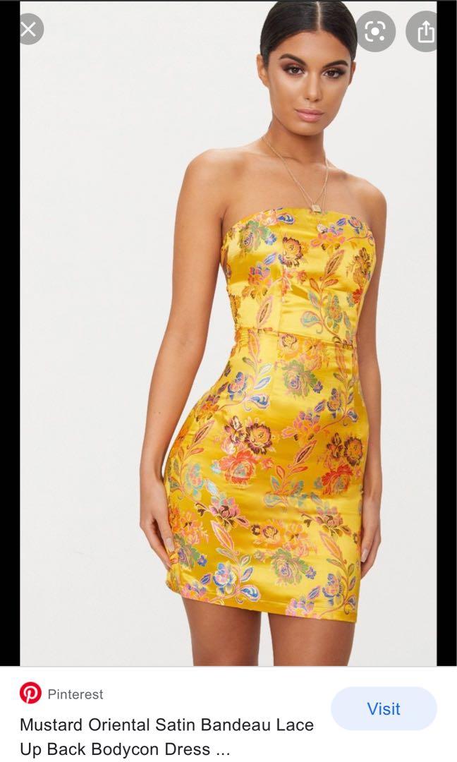 Mustard oriental satin bandeau sale lace up back bodycon dress