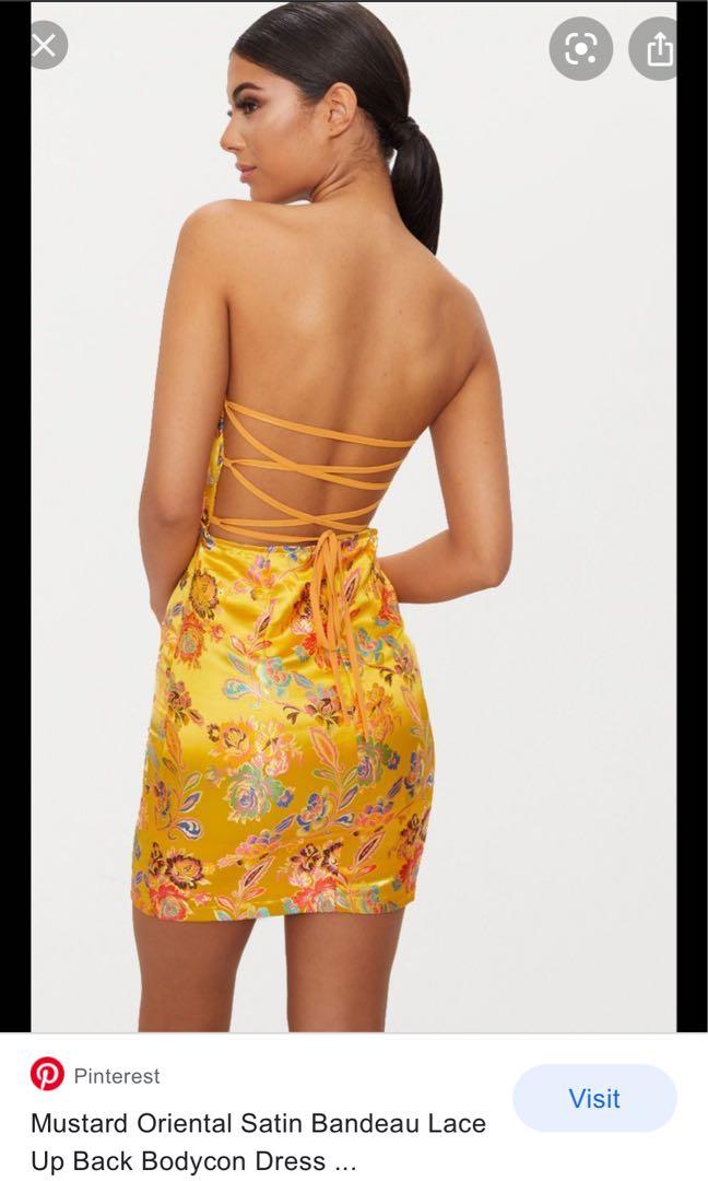 Mustard oriental satin bandeau lace up back bodycon dress hot sale