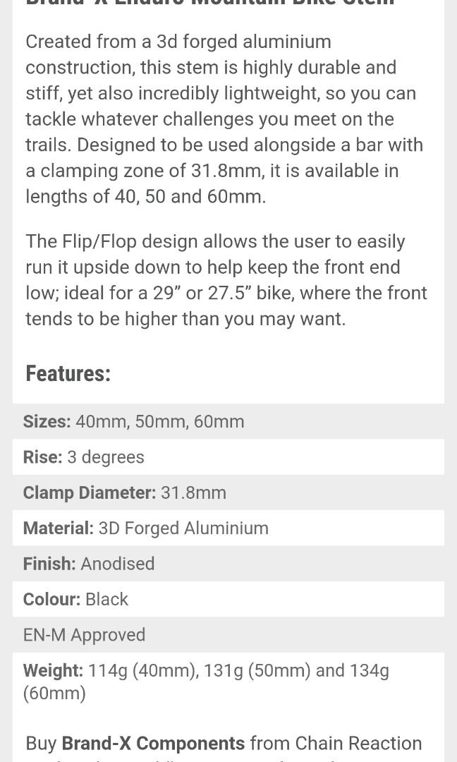 Brand X Enduro MTB stem 31.8mm, Sports Equipment, Bicycles & Parts