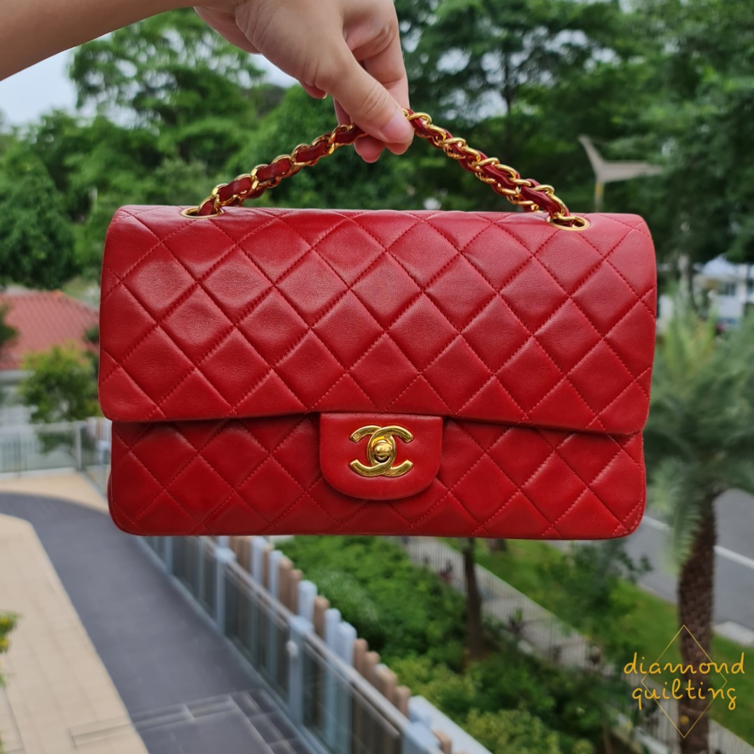 (RARE COLORS!) CHANEL VINTAGE COLLECTION FOR SALE, CLASSIC FLAP BAG MEDIUM  SMALL MINI LAMBSKIN JERSEY CF 24K GOLD HARDWARE GHW HOT PINK / CHERRY RED  BEIGE RED DARK BLUE OLIVE GREEN BROWN PURPLE