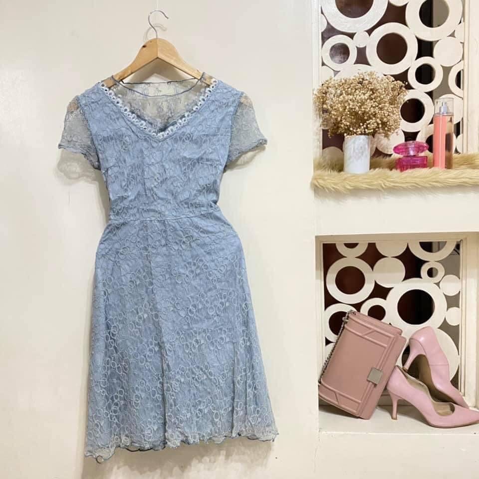 Dusty Blue Lace Dress, Women's Fashion 
