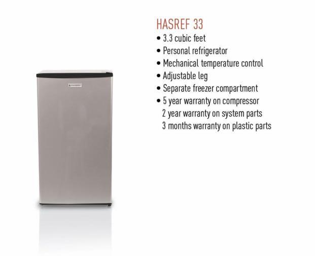 Hanabishi Refrigerator HASREF-33 (Category: Refrigerators and Freezers) located in Manila. Submitted by pickandclick.mart (Listing ID 1088143195, Image 1). Description: Hanabishi Refrigerator HASREF-33 ON SALE!! -3.3 cubic feet -personal refrigerator -mechanical temperature control -adjustable leg -separate freezer compartment *other sizes are also available ‼️100% Brand New! ‼️Authentic/ Original product ‼️Lower Price (direct supplier).