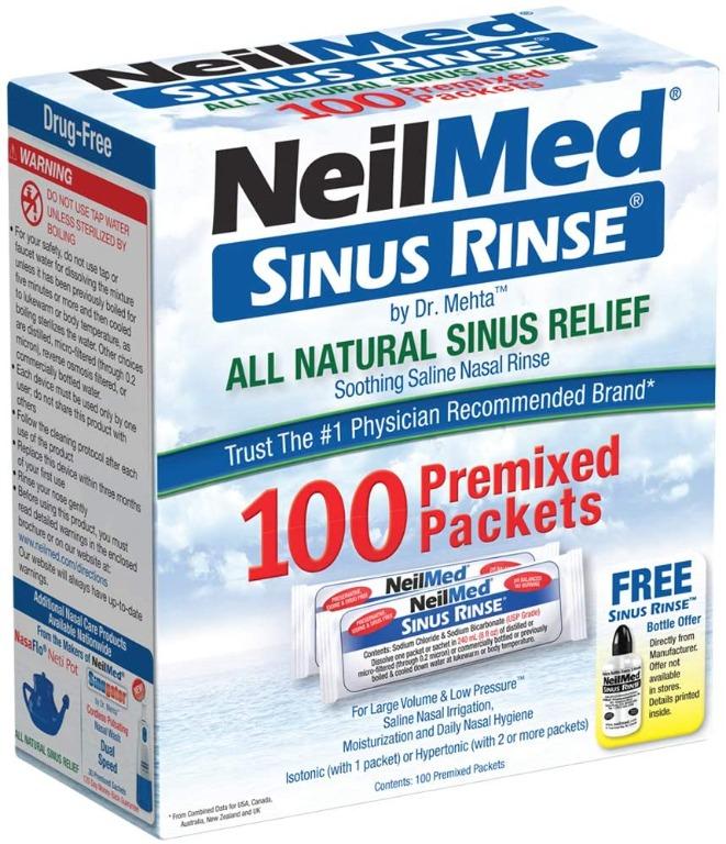 NeilMed Sinus Rinse All Natural Relief Premixed Refill 100 Packets (Category: Medical Supplies & Tools) located in San Juan City. Submitted by princessshyph (Listing ID 1088299712, Image 3). Description: Note: Bottle not included Brand NeilMed Ingredients USP Grade (purity level 99% or higher) Sodium Chloride and Sodium Bicarbonate Item Form Packet Item Weight 340.19 Grams Package Type Bag Age Range (Description) Adult Item Dimensions LxWxH 2.5 x
