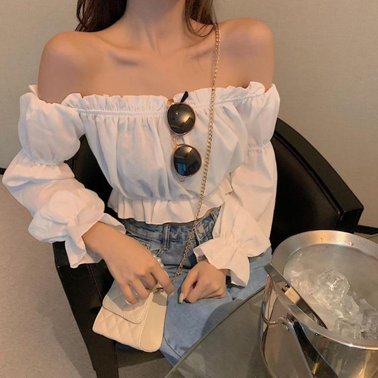 PO Women Top Sexy Blouse Off Shoulder Top Long Sleeve Solid Color White Shirt Puff Sleeve Ruffle Tunic Crop Top Summer Tube Top Ulzzang Korean Style