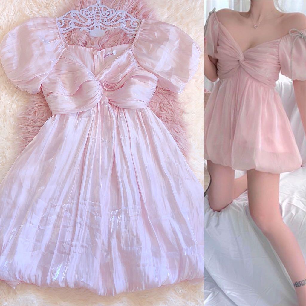 Pink Puff Sleeve Babydoll Dress Women S Fashion Dresses Sets Dresses On Carousell