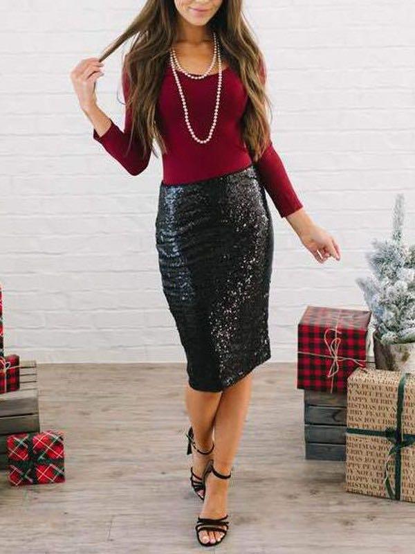 Slim waist elastic black sequin midi skirt