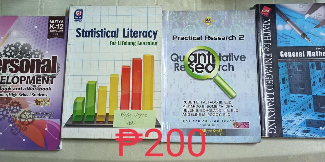 Text Books for sale ( senior high) (Category: Textbooks) located in Manila. Submitted by happydachshund (Listing ID 1088190417, Image 1). Description: 200 each -General Mathematics -Practical Research2(blue)(has writing+highlights) -Statistical Literacy(has pencil writings and few ripped pages) SOLD -Personal Development (has writings and highlights) 250 each -‎Academic Reading and Writing(has writings) -‎Empowerment Technologies -Business Financ