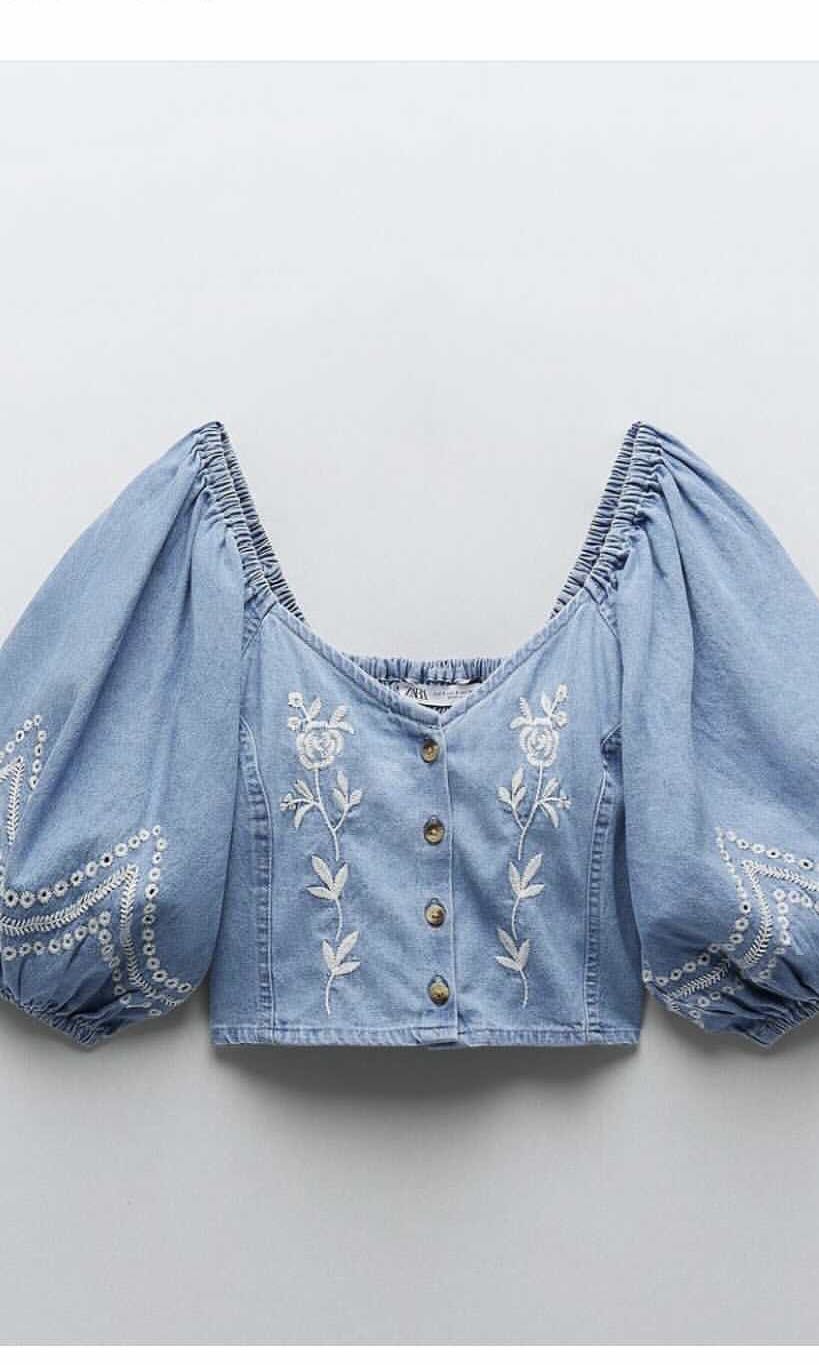 ZARA Puff Sleeves Soft Denim Top Women s Fashion Tops Blouses