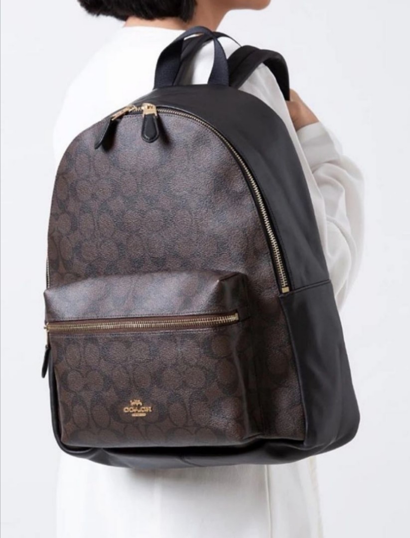 New Auth COACH Charlie Large Backpack In Signature Brown Black