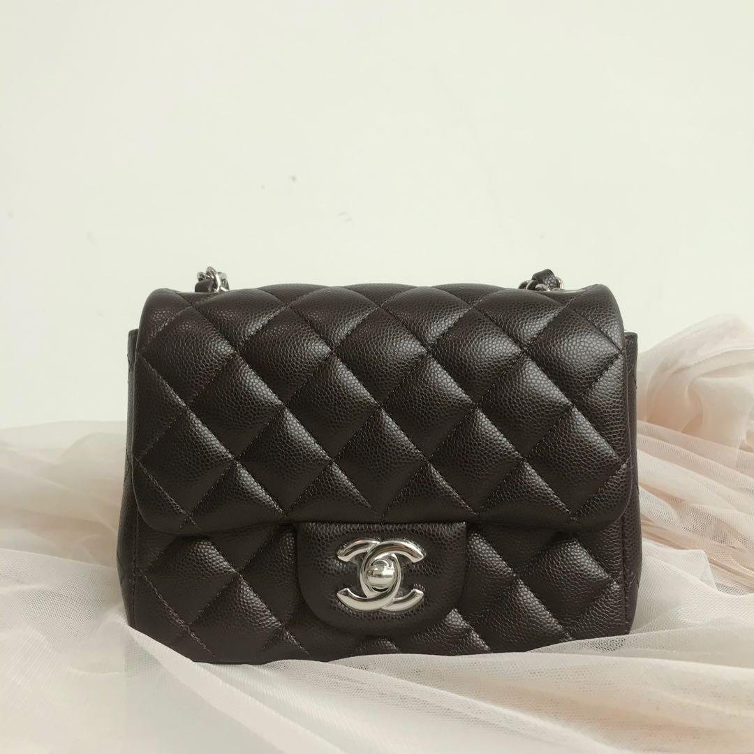 Chanel Classic Flap Mini Square Caviar Bag in Silver Hardware and Dark  Chocolate Brown