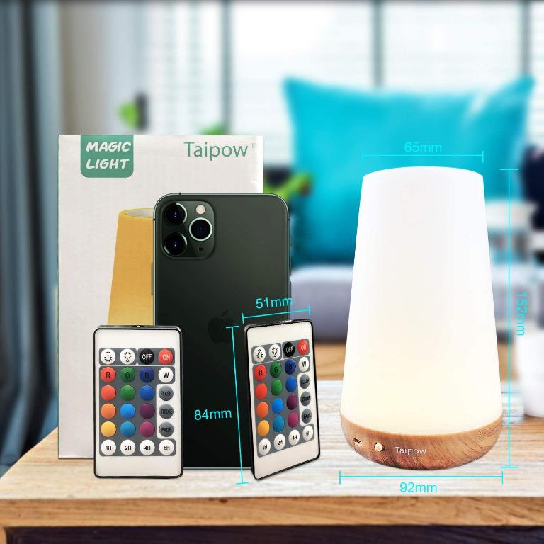 Taipow Touch Table Lamp, Rechargeable LED Night Light W Remote Control Color Change and Timer -wood, White