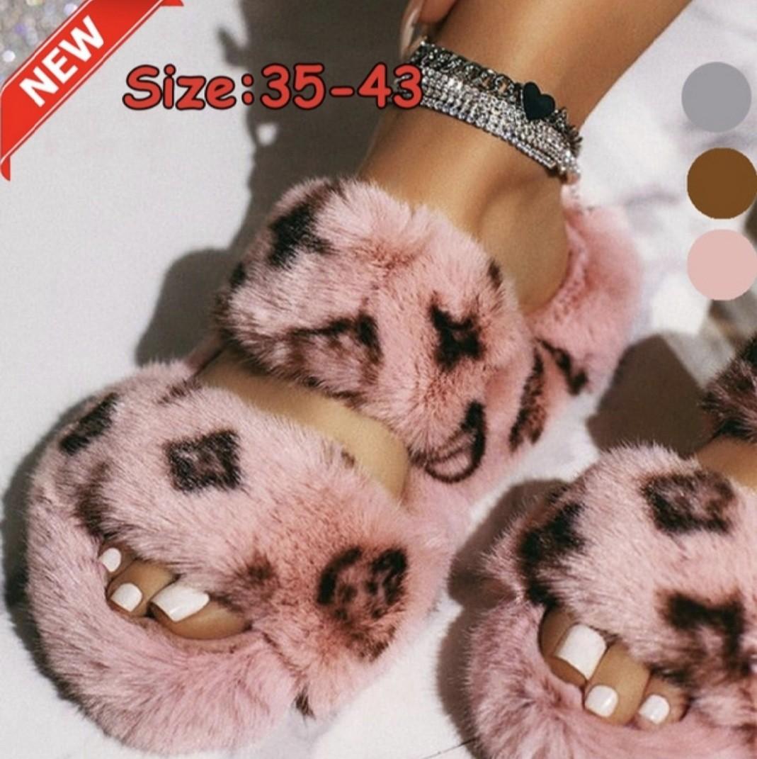 Pink Fluffy Lv Slippers