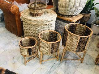 Two toned Rattan planter with stand set of 3