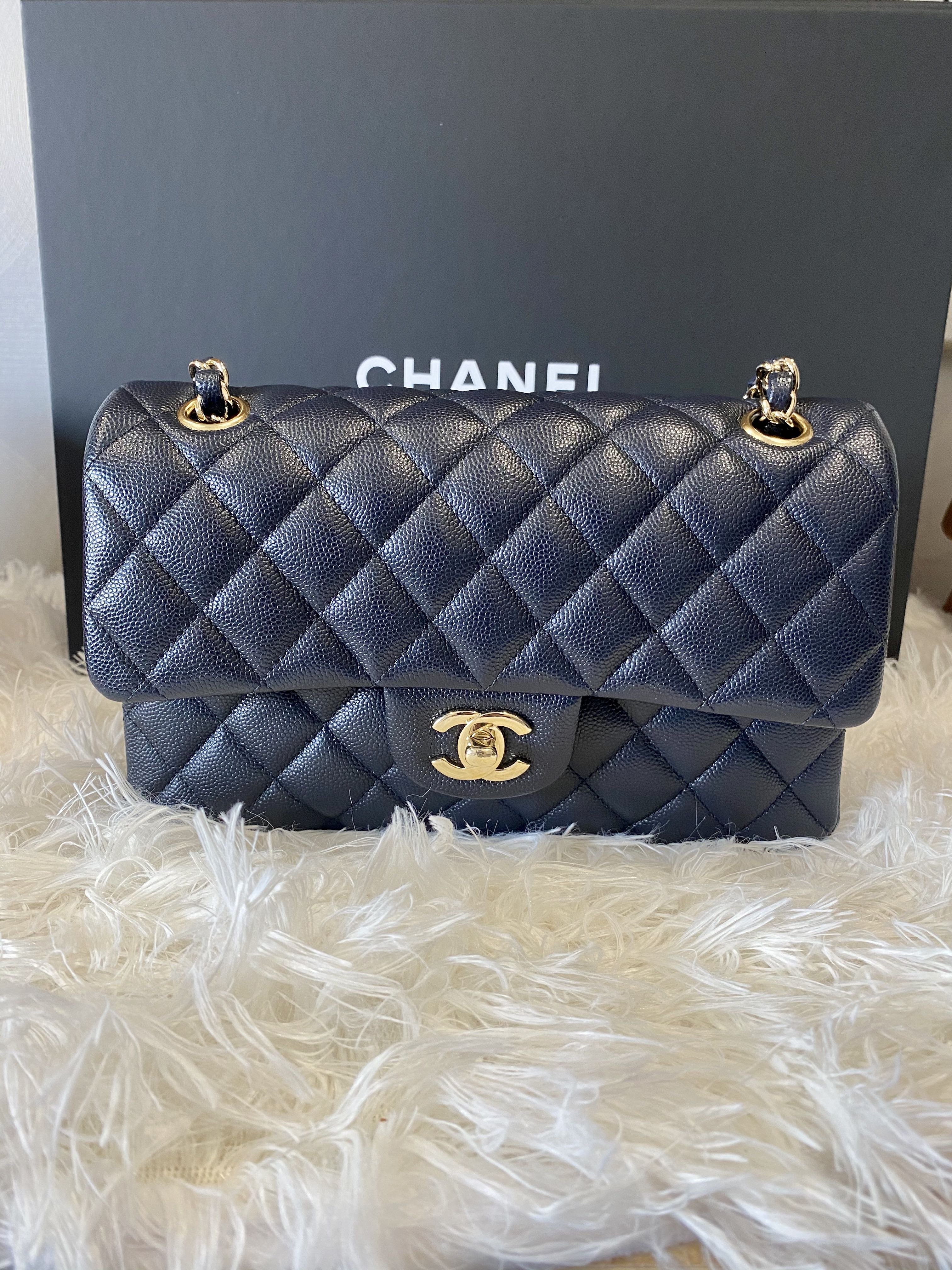 Chanel classic flap small in navy blue, Luxury, Bags & Wallets on Carousell