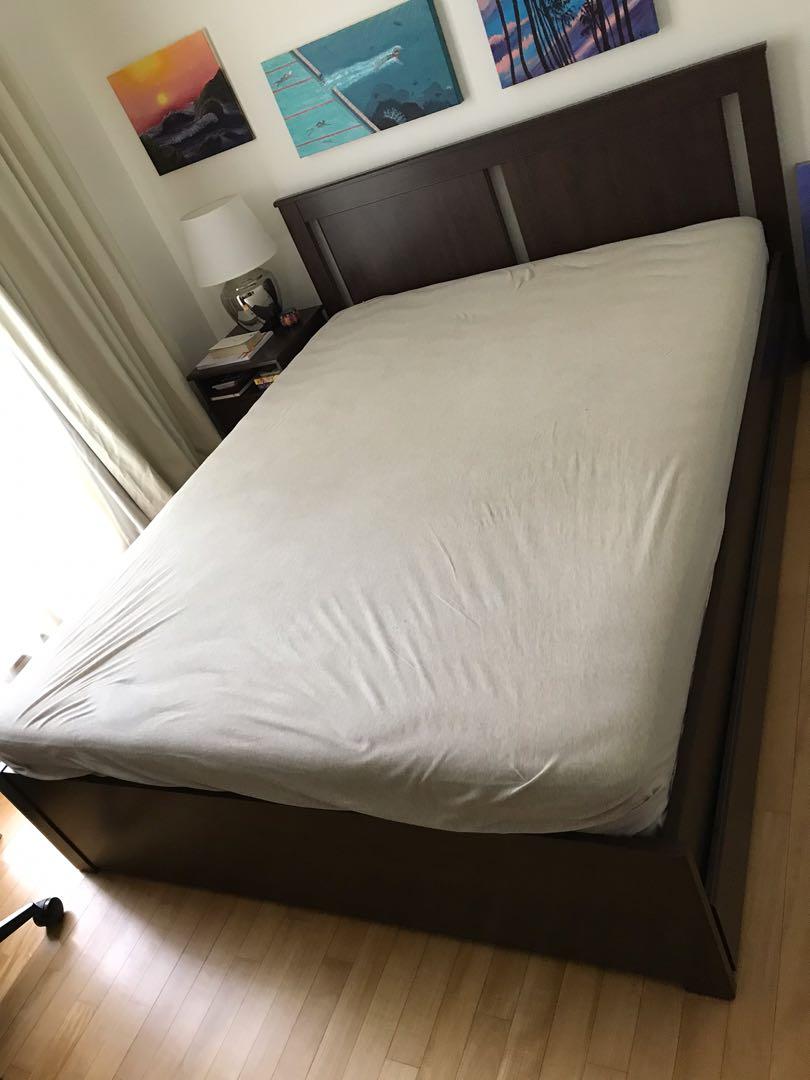 IKEA queen size bed with storage and side table, Furniture & Home