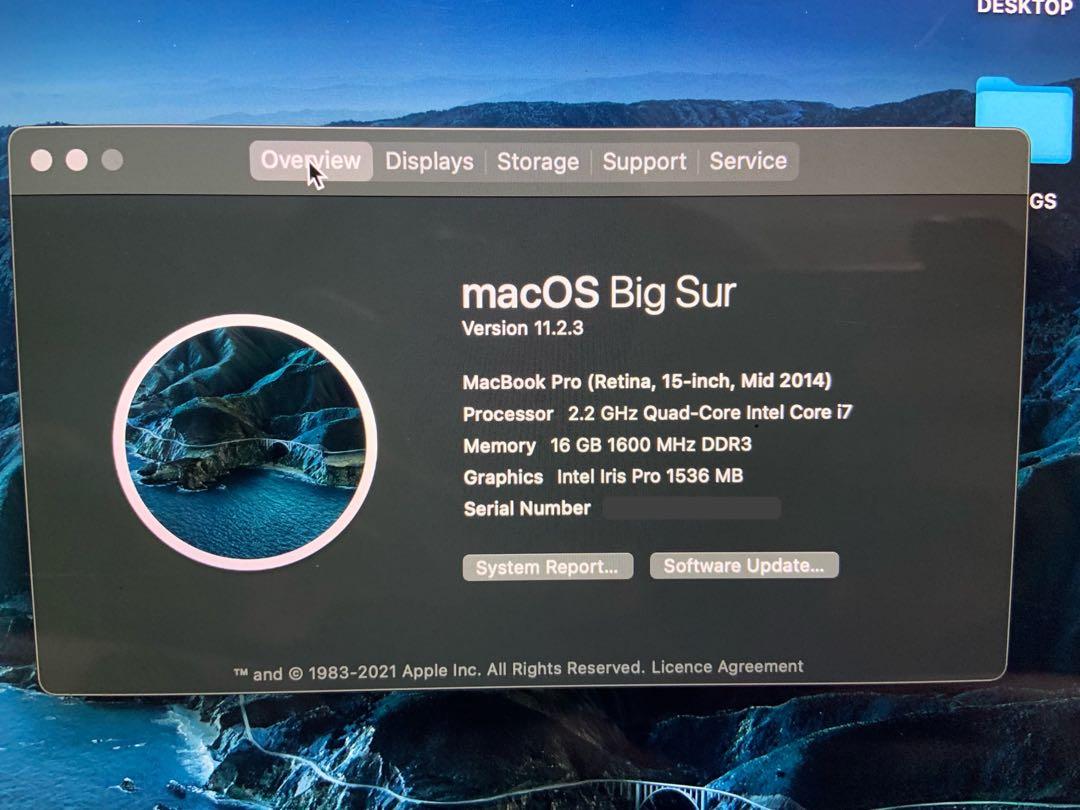 macbook pro retina 15 inch mid 2014 PROCESSOR 2.2 ghz quad core intel core i7 MEMORY 16gb 1600 MHz DDR3 GRAPHICS intel iris pro 1536 mb