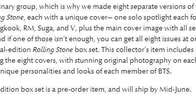 (PRE-ORDER) BTS ROLLING STONE SUGA INDIVIDUAL COVER TINGI (Category: K-Wave Merchandise) located in Manila. Submitted by 1achimo1a (Listing ID 1088667437, Image 2). Description: WTS / LFB – PH ONLY 🇵🇭 (PRE-ORDER) • ROLLING STONE SET BOX TINGI (FIRST PRESS) ❌ OB P450 INDIVIDUAL COVER P1500 ❌ OT7 ✅ RM ✅ JIN ❌ SUGA ✅ JHOPE ❌ V ❌ JIMIN ❌ JUNGKOOK ✅ AVAILABLE ❌ RESERVED ETA: July - August DOP: P1000 dp, balance May 25 + lsf (will open another set if