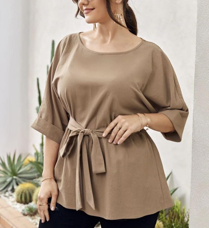 SHEIN Curve Plus Size Batwing Sleeve Belted Blouse