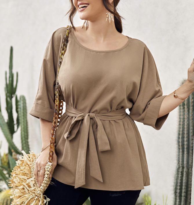 SHEIN Curve Plus Size Batwing Sleeve Belted Blouse, Women's Fashion, Tops,  Blouses on Carousell