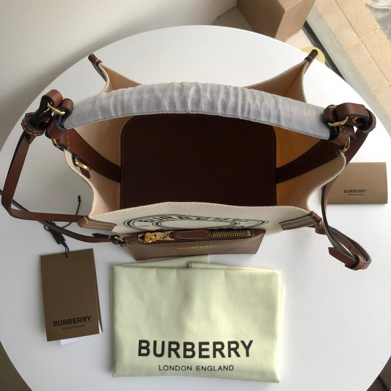 Burberry Small Peggy Logo Graphic Cotton Canvas Bucket Bag In Beige