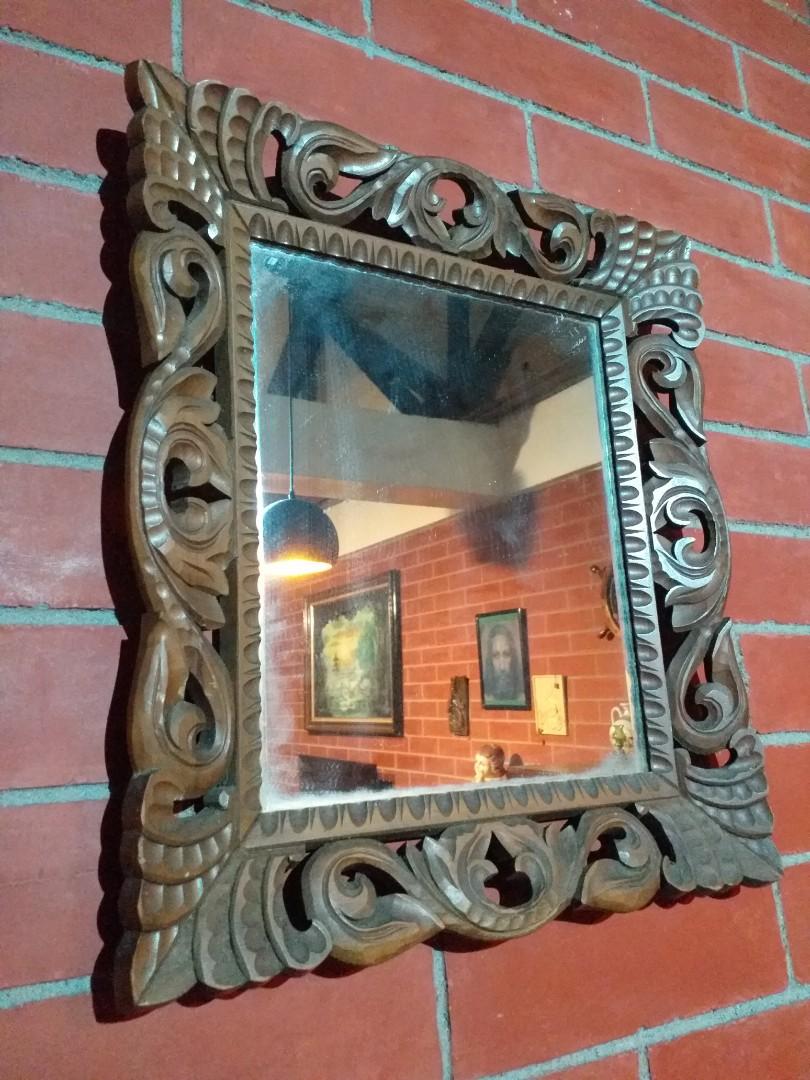 Antique Mirror Wood Wall Ancestral Filipino Display Art Deco Vintage