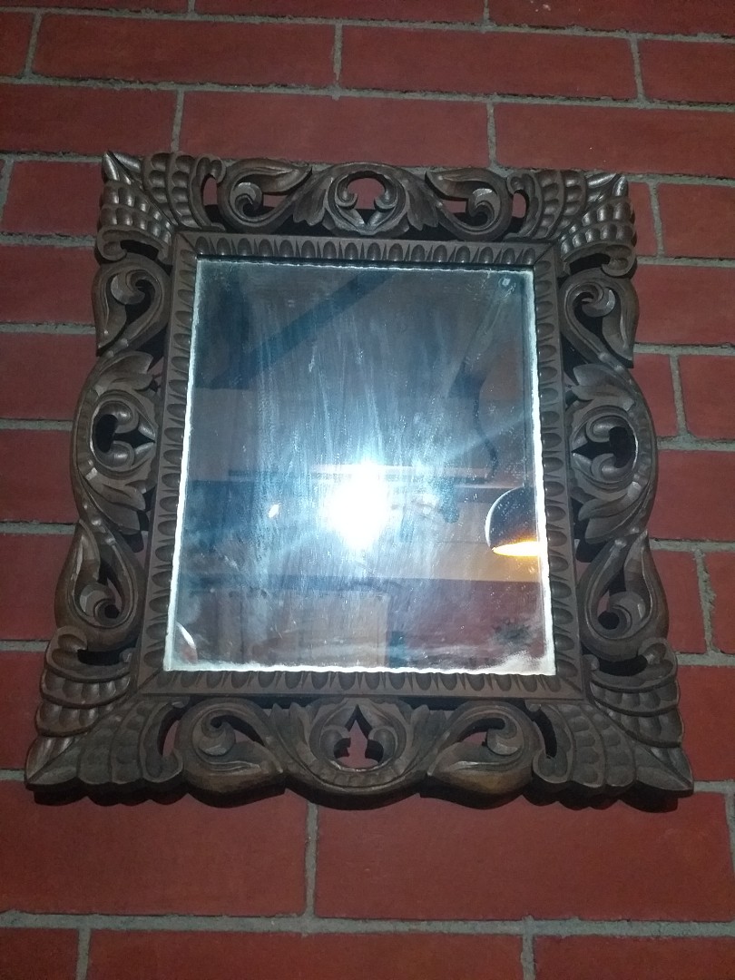 Antique Mirror Wood Wall Ancestral Filipino Display Art Deco Vintage