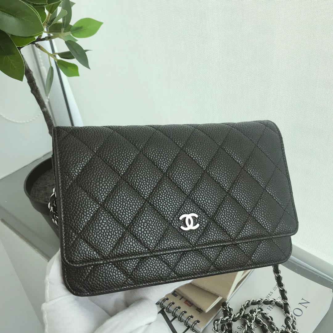 CHANEL, Bags, Chanel Beige Clair Caviar Wallet On Chain With Silver  Hardware Microchip Woc