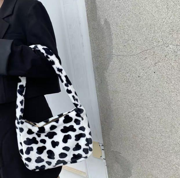 fluffy cow print shoulder bag