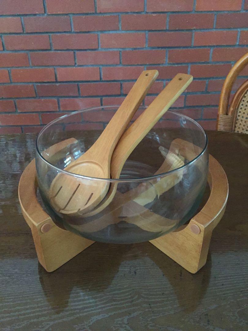 Glass salad bowl with wooden stand, Furniture & Home Living