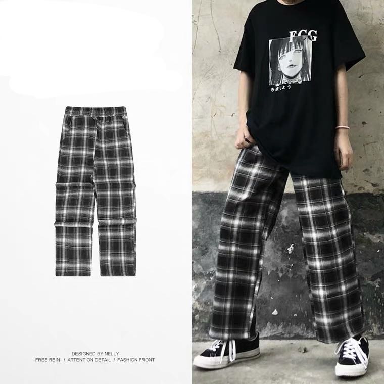 Black and white plaid pants men top